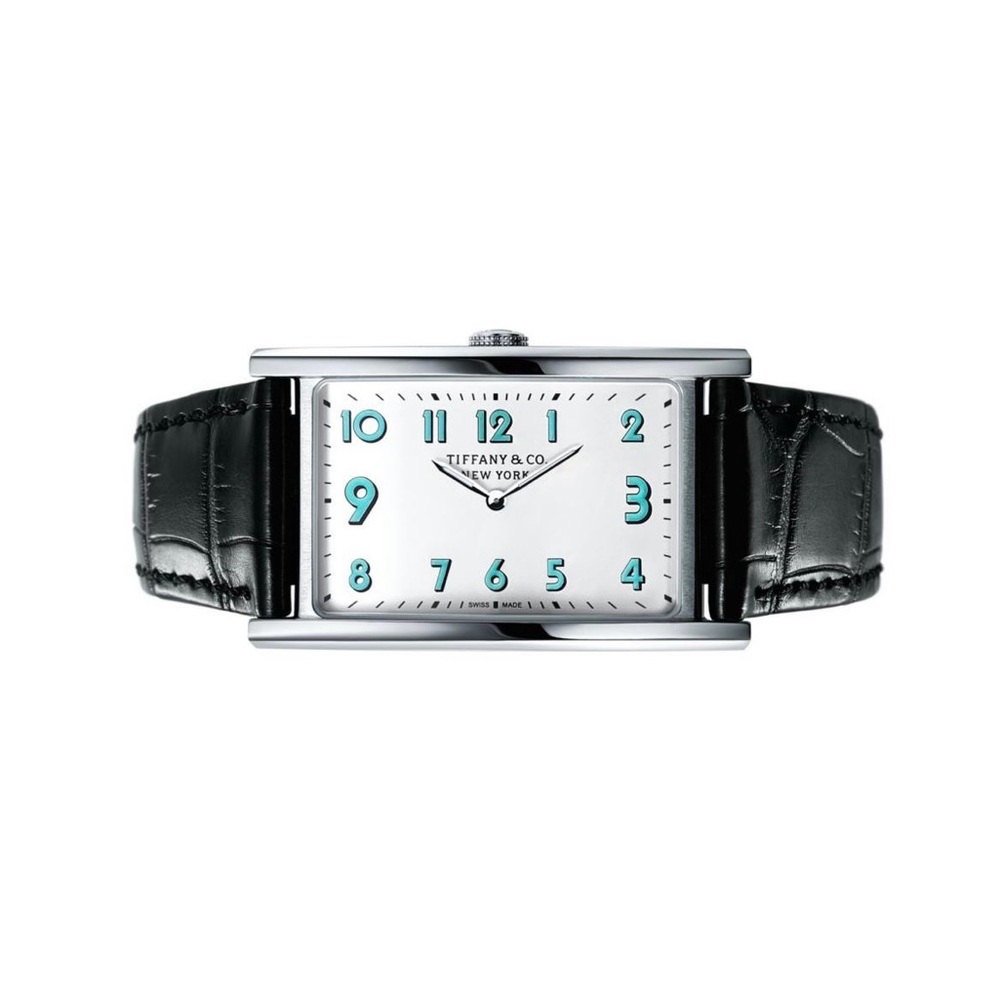 Tiffany & Co. White face Watch with Black Strap and Teal Accents